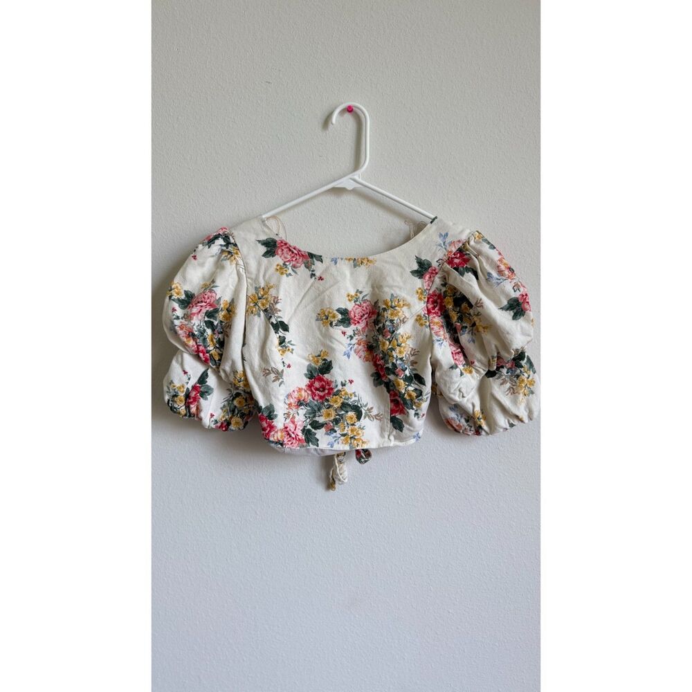 do+be Women’s Small Floral Puff Sleeve Crop Top Tie Front Cottagecore Romantic